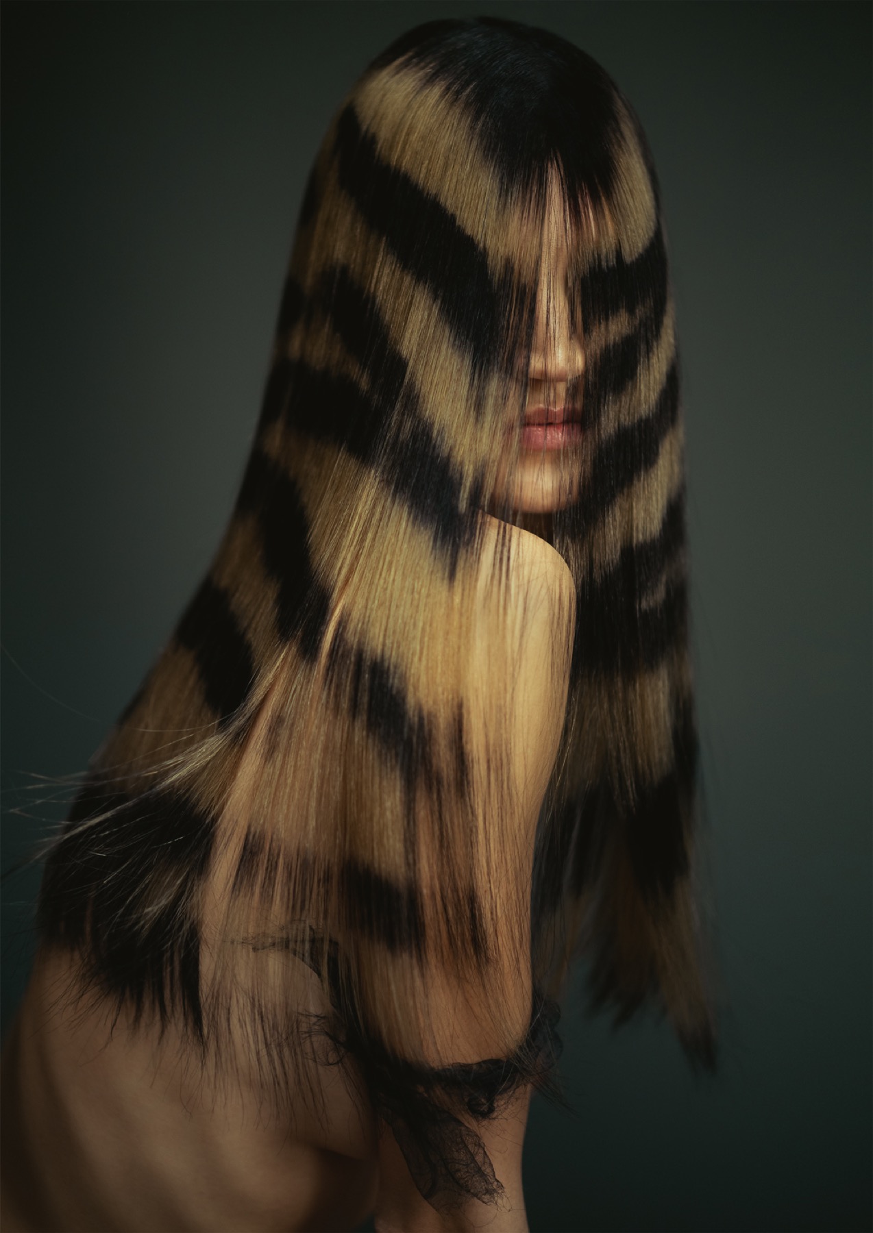 Hair editorial, tiger-print painted hair, photography Rahi Rezvani