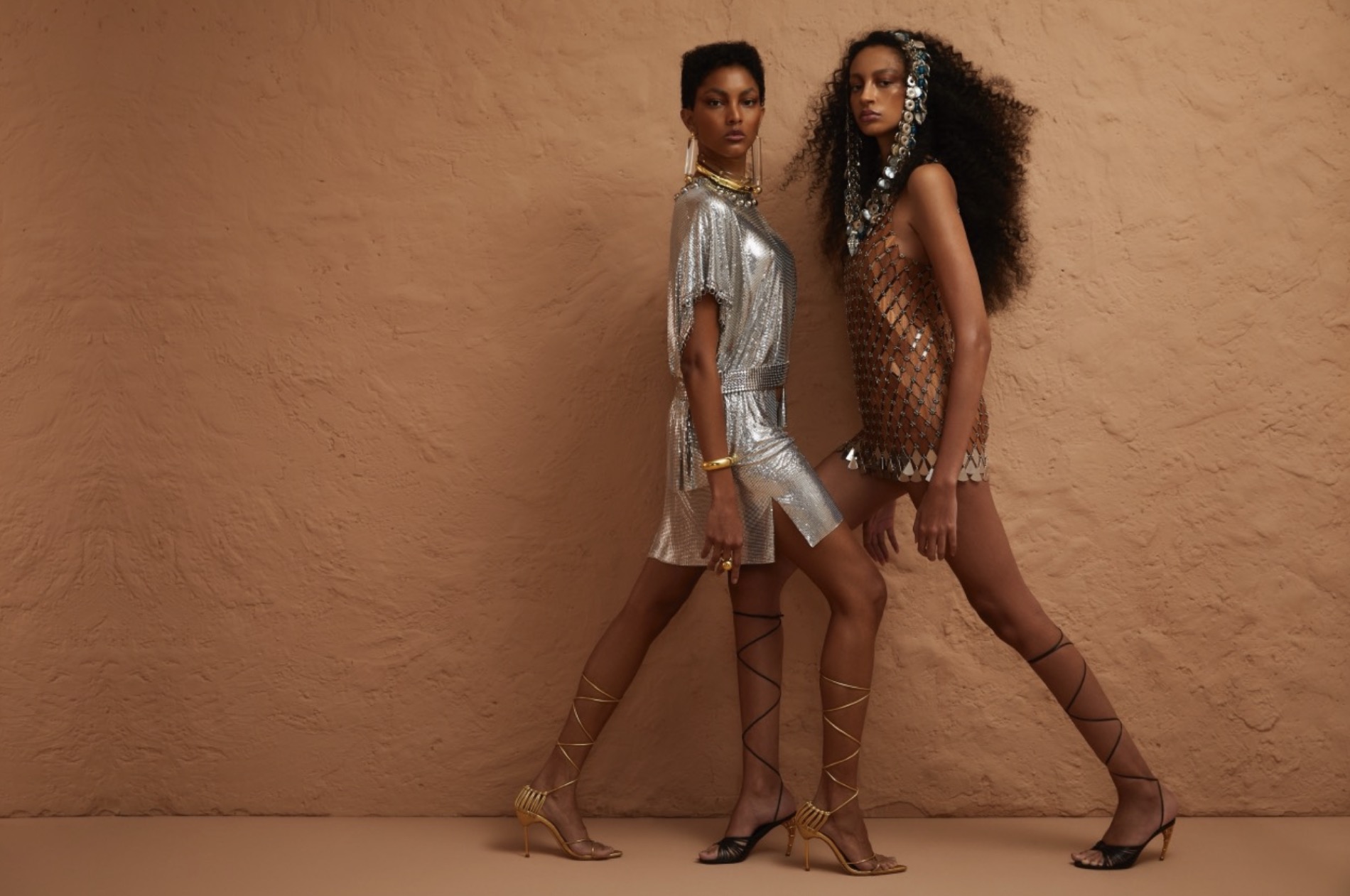 Hair and make-up for a Glamour editorial, two models in silver and chainmail, walking