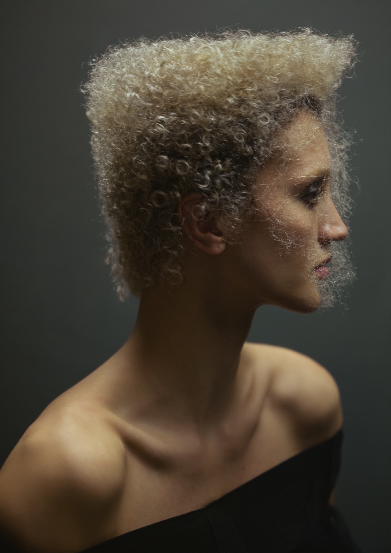 Hair editorial, sculptural blonde afro in profile, photography Rahi Rezvani